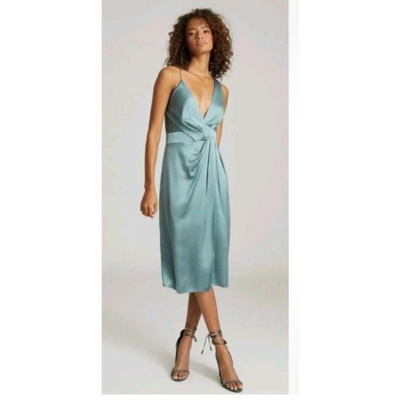 REISS Charlie Satin Twist-Front Midi Dress - Picture 1 of 10